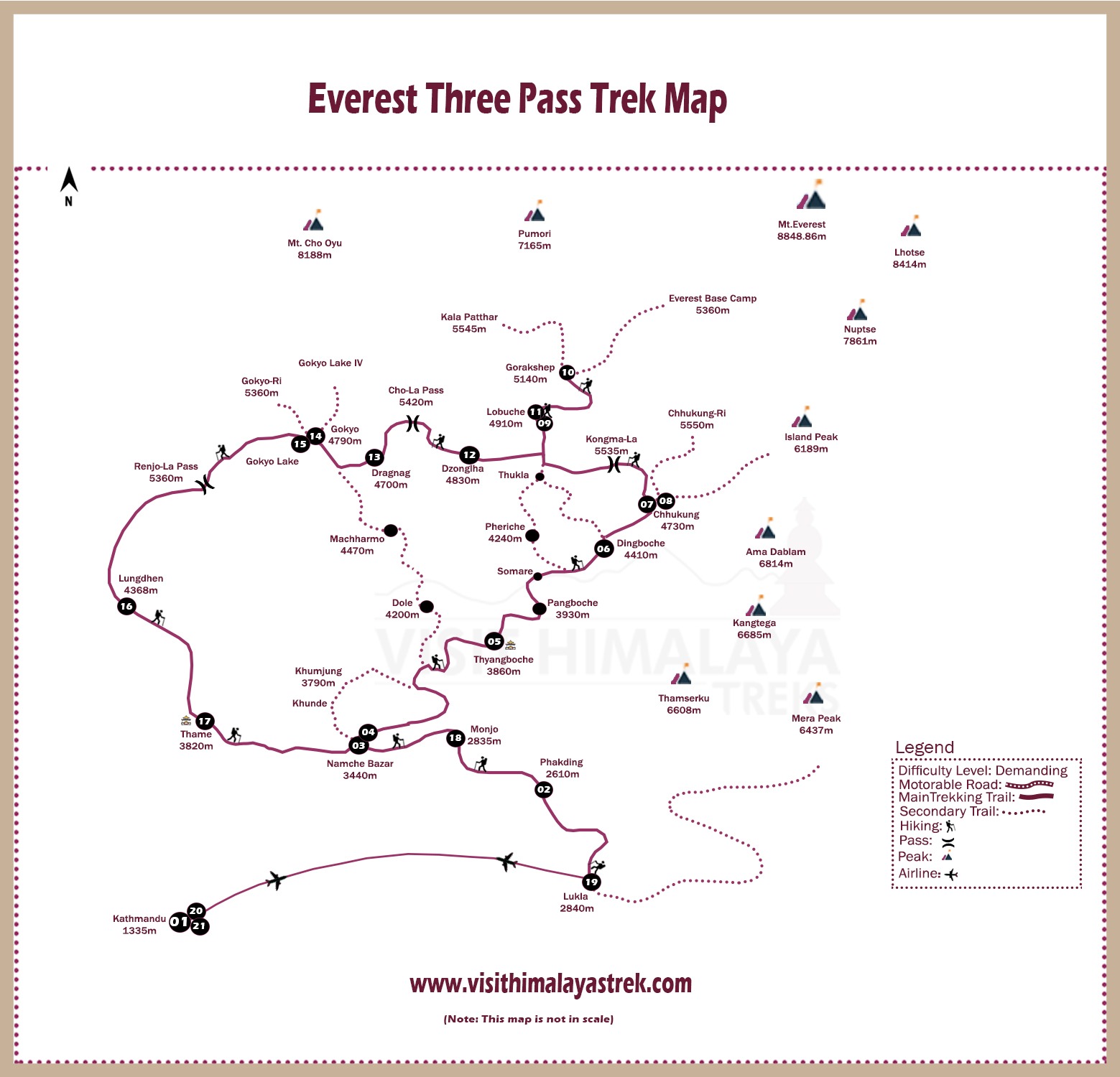 Everest Three Pass Trek Route Map.