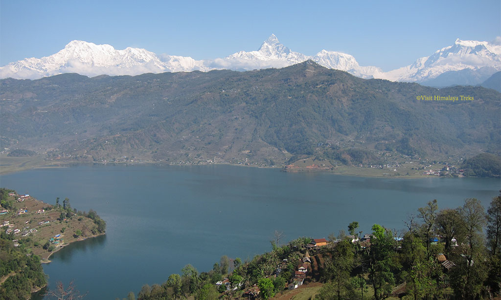 Fewa Lake with breathtaking Himalayan views from World Peace Stupa, Pokhara. 