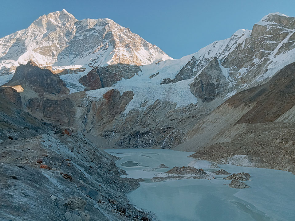 Barun Glacier Lake with mount Makalu close View.