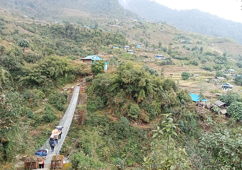 Suspension bridge crossing near Tashigaon Village.
