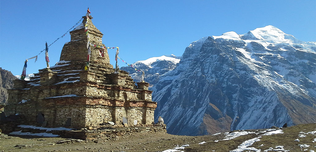 Himalayan view with Old Buddhist Stupa